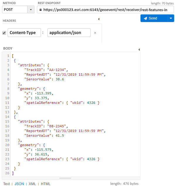 Feature JSON with two feature records, with point geometry, organized in an array. Feature JSON with two feature records, with point geometry, organized in an array.